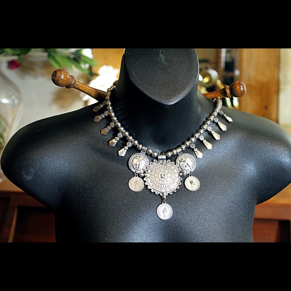 Silvertone Tribal Medallion Statment Necklace